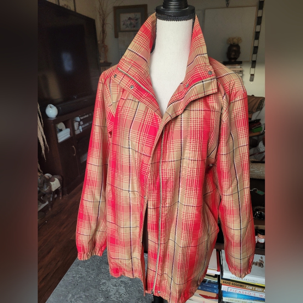 Escada Red and Tan Plaid Utility Jacket